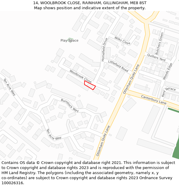 14, WOOLBROOK CLOSE, RAINHAM, GILLINGHAM, ME8 8ST: Location map and indicative extent of plot