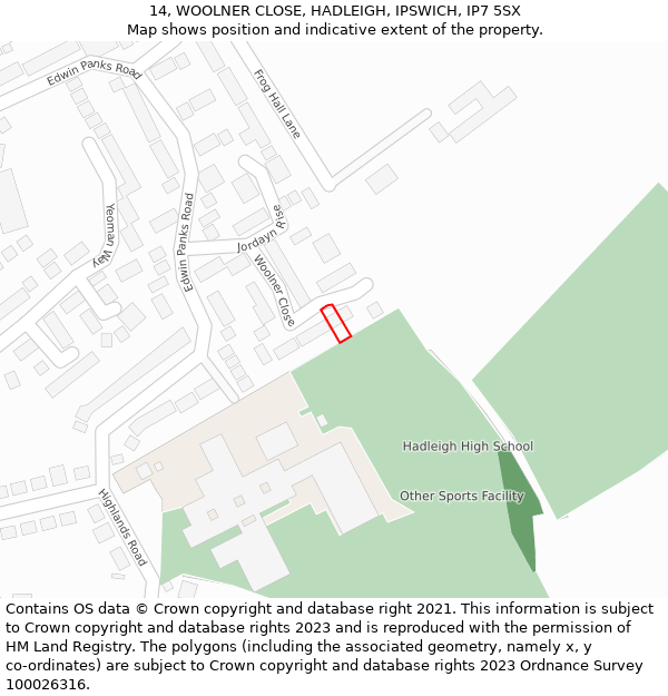 14, WOOLNER CLOSE, HADLEIGH, IPSWICH, IP7 5SX: Location map and indicative extent of plot