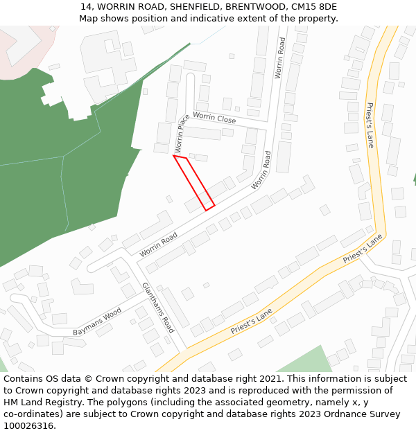 14, WORRIN ROAD, SHENFIELD, BRENTWOOD, CM15 8DE: Location map and indicative extent of plot