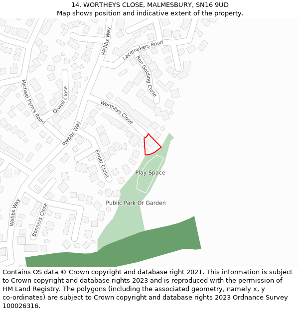 14, WORTHEYS CLOSE, MALMESBURY, SN16 9UD: Location map and indicative extent of plot