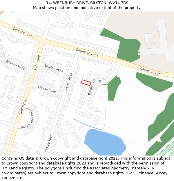 14, WRENBURY DRIVE, BILSTON, WV14 7BS: Location map and indicative extent of plot