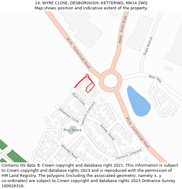 14, WYRE CLOSE, DESBOROUGH, KETTERING, NN14 2WQ: Location map and indicative extent of plot