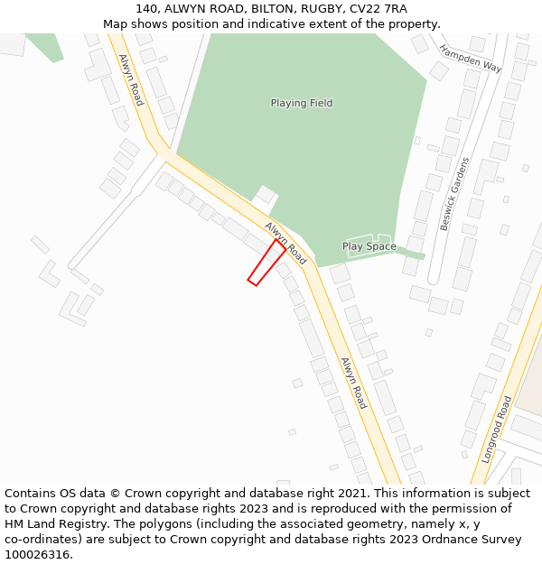 140, ALWYN ROAD, BILTON, RUGBY, CV22 7RA: Location map and indicative extent of plot