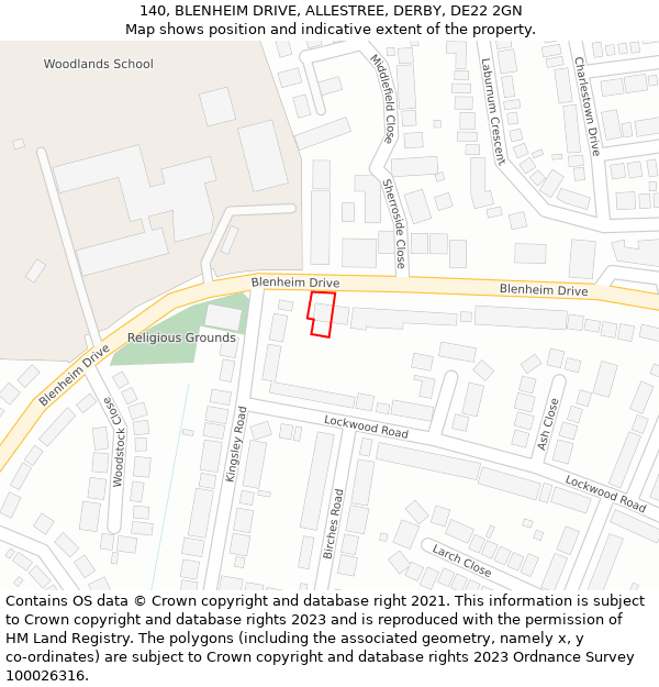 140, BLENHEIM DRIVE, ALLESTREE, DERBY, DE22 2GN: Location map and indicative extent of plot