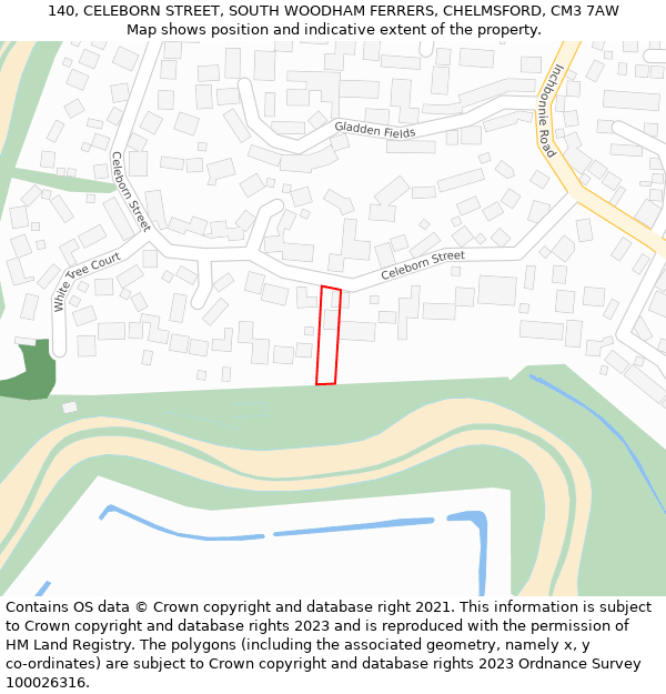 140, CELEBORN STREET, SOUTH WOODHAM FERRERS, CHELMSFORD, CM3 7AW: Location map and indicative extent of plot