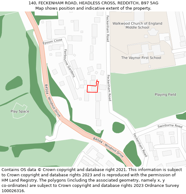 140, FECKENHAM ROAD, HEADLESS CROSS, REDDITCH, B97 5AG: Location map and indicative extent of plot