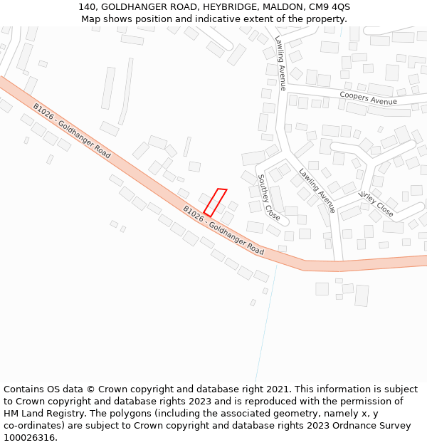 140, GOLDHANGER ROAD, HEYBRIDGE, MALDON, CM9 4QS: Location map and indicative extent of plot