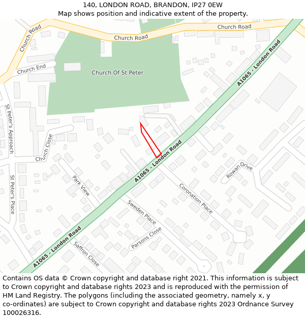 140, LONDON ROAD, BRANDON, IP27 0EW: Location map and indicative extent of plot
