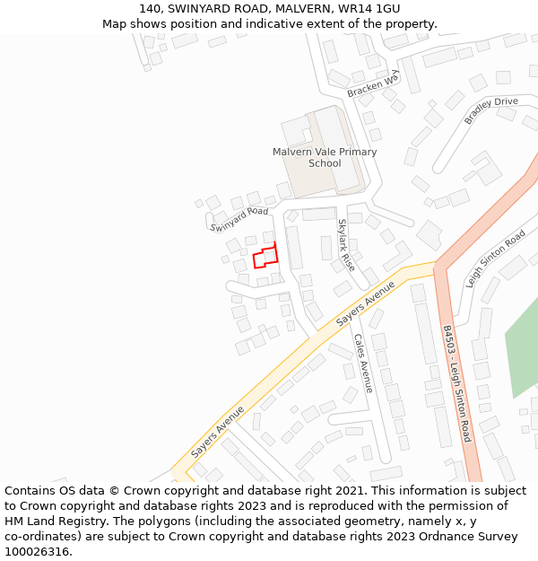 140, SWINYARD ROAD, MALVERN, WR14 1GU: Location map and indicative extent of plot
