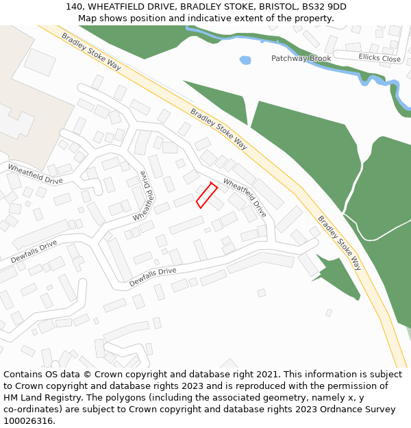 140, WHEATFIELD DRIVE, BRADLEY STOKE, BRISTOL, BS32 9DD: Location map and indicative extent of plot