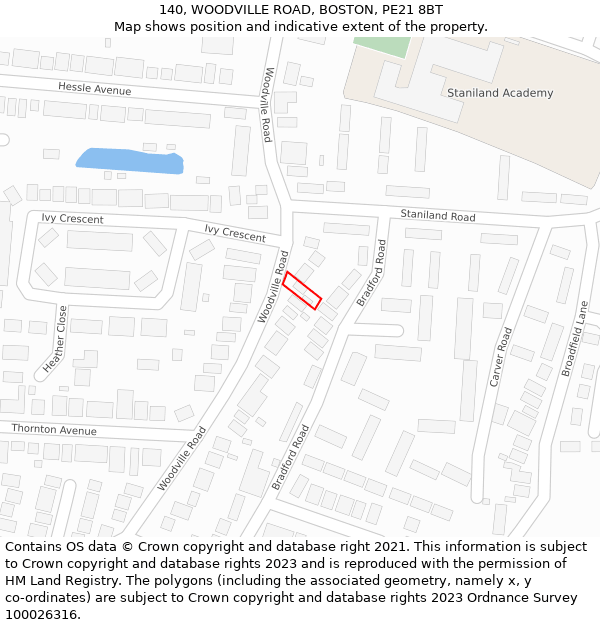 140, WOODVILLE ROAD, BOSTON, PE21 8BT: Location map and indicative extent of plot