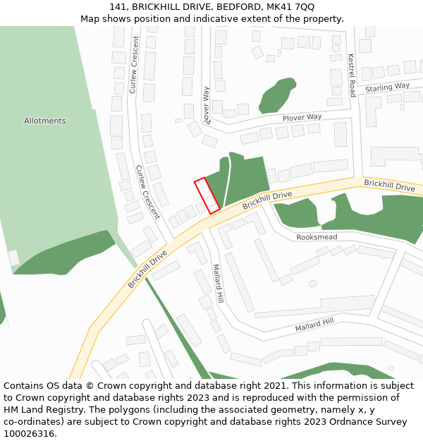 141, BRICKHILL DRIVE, BEDFORD, MK41 7QQ: Location map and indicative extent of plot