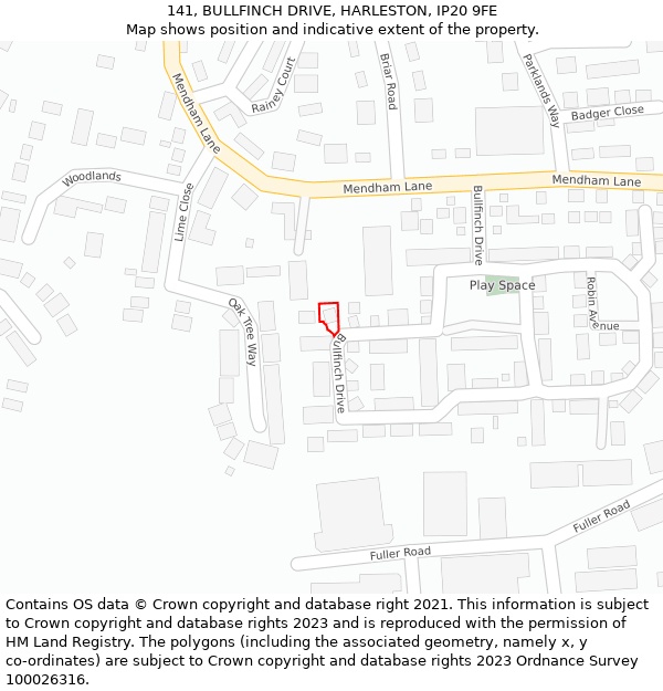 141, BULLFINCH DRIVE, HARLESTON, IP20 9FE: Location map and indicative extent of plot