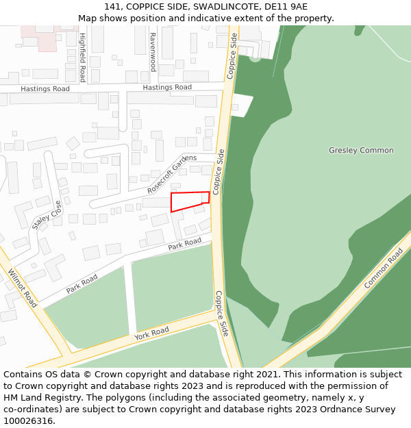 141, COPPICE SIDE, SWADLINCOTE, DE11 9AE: Location map and indicative extent of plot
