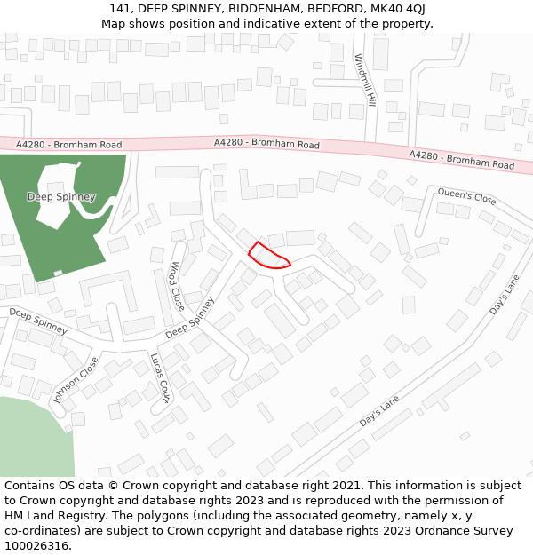 141, DEEP SPINNEY, BIDDENHAM, BEDFORD, MK40 4QJ: Location map and indicative extent of plot