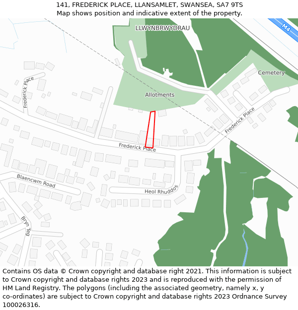 141, FREDERICK PLACE, LLANSAMLET, SWANSEA, SA7 9TS: Location map and indicative extent of plot