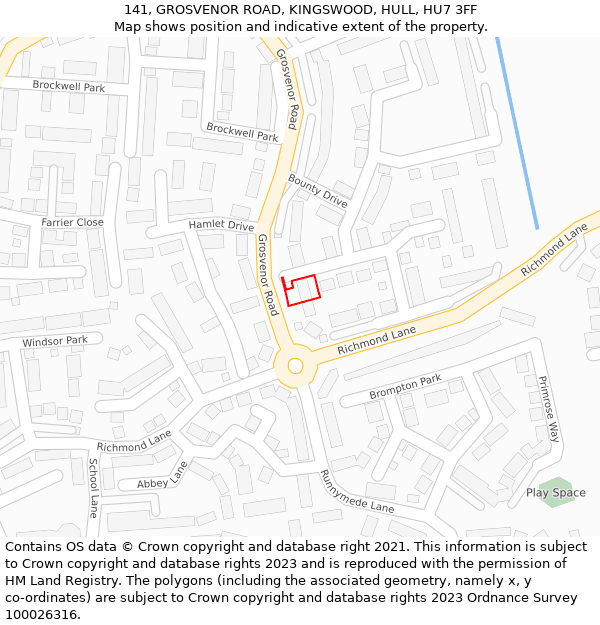 141, GROSVENOR ROAD, KINGSWOOD, HULL, HU7 3FF: Location map and indicative extent of plot