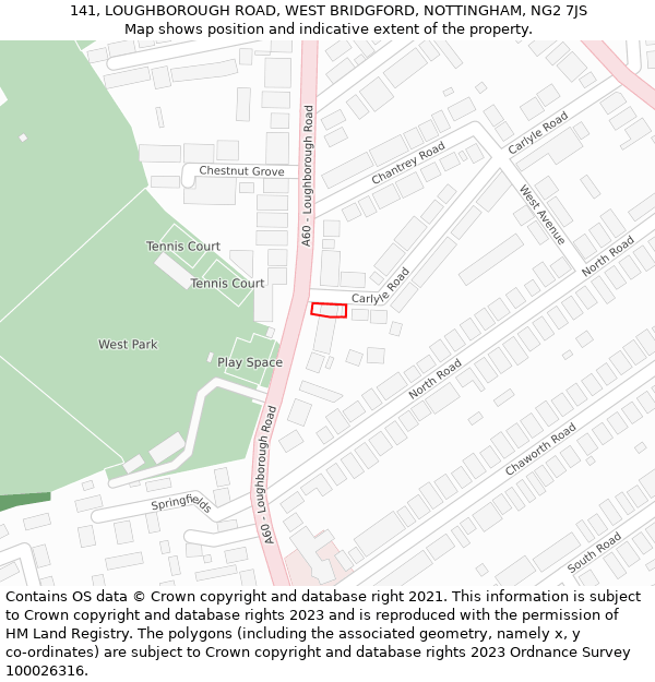 141, LOUGHBOROUGH ROAD, WEST BRIDGFORD, NOTTINGHAM, NG2 7JS: Location map and indicative extent of plot
