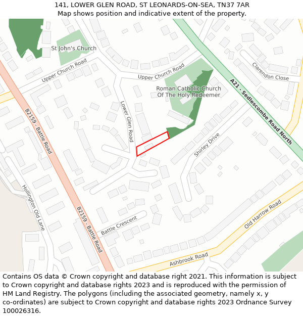 141, LOWER GLEN ROAD, ST LEONARDS-ON-SEA, TN37 7AR: Location map and indicative extent of plot