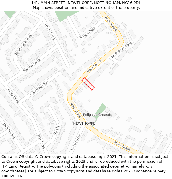 141, MAIN STREET, NEWTHORPE, NOTTINGHAM, NG16 2DH: Location map and indicative extent of plot