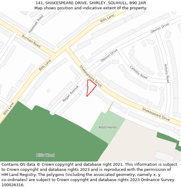 141, SHAKESPEARE DRIVE, SHIRLEY, SOLIHULL, B90 2AR: Location map and indicative extent of plot