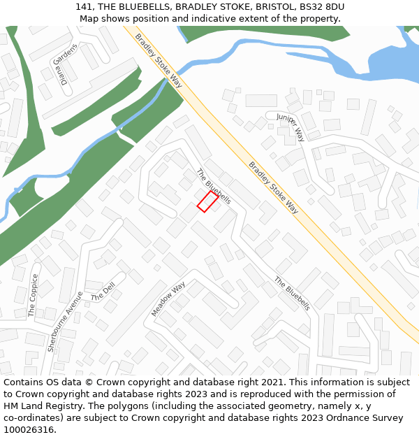 141, THE BLUEBELLS, BRADLEY STOKE, BRISTOL, BS32 8DU: Location map and indicative extent of plot