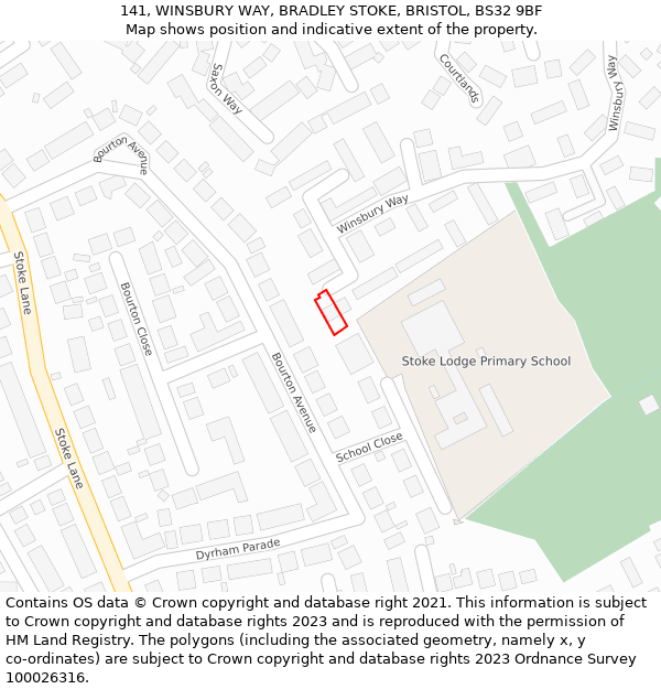 141, WINSBURY WAY, BRADLEY STOKE, BRISTOL, BS32 9BF: Location map and indicative extent of plot