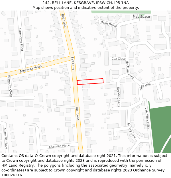 142, BELL LANE, KESGRAVE, IPSWICH, IP5 1NA: Location map and indicative extent of plot