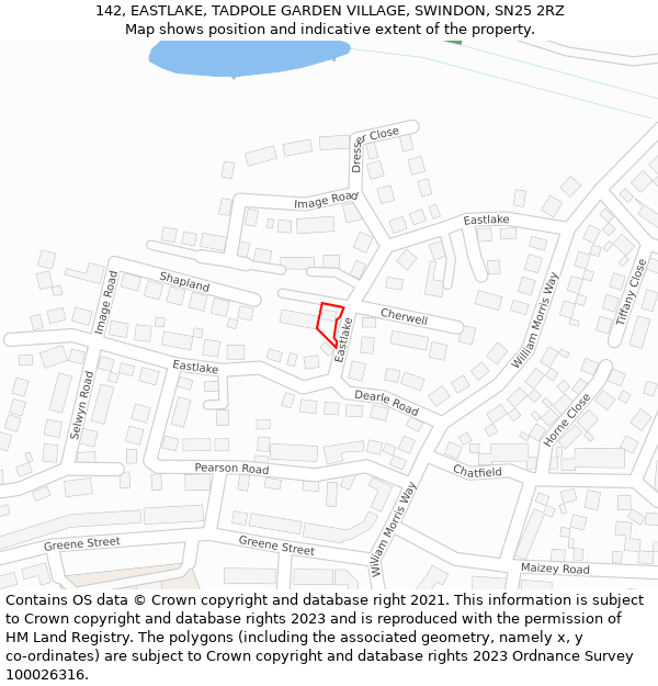 142, EASTLAKE, TADPOLE GARDEN VILLAGE, SWINDON, SN25 2RZ: Location map and indicative extent of plot