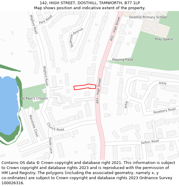 142, HIGH STREET, DOSTHILL, TAMWORTH, B77 1LP: Location map and indicative extent of plot
