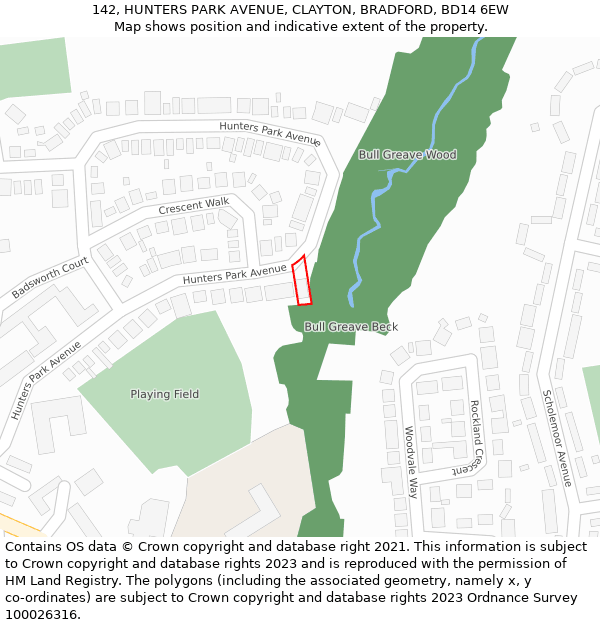 142, HUNTERS PARK AVENUE, CLAYTON, BRADFORD, BD14 6EW: Location map and indicative extent of plot