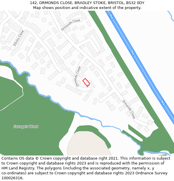 142, ORMONDS CLOSE, BRADLEY STOKE, BRISTOL, BS32 0DY: Location map and indicative extent of plot