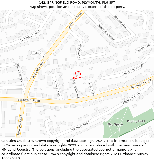 142, SPRINGFIELD ROAD, PLYMOUTH, PL9 8PT: Location map and indicative extent of plot