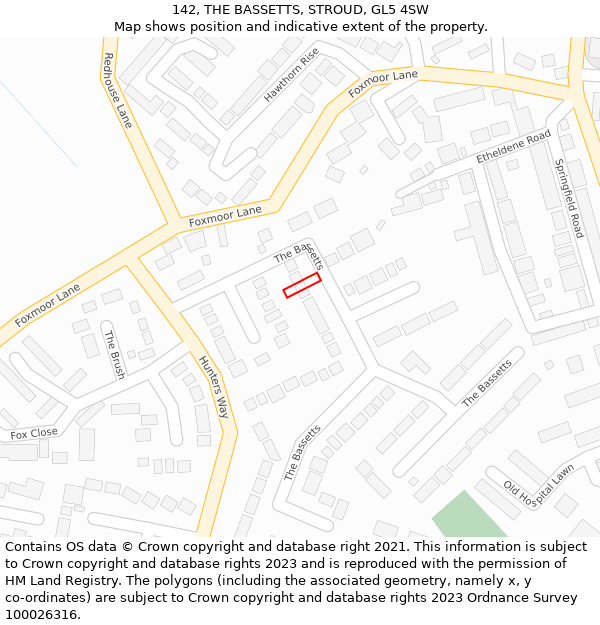 142, THE BASSETTS, STROUD, GL5 4SW: Location map and indicative extent of plot