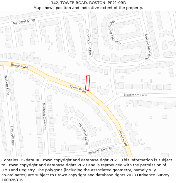 142, TOWER ROAD, BOSTON, PE21 9BB: Location map and indicative extent of plot