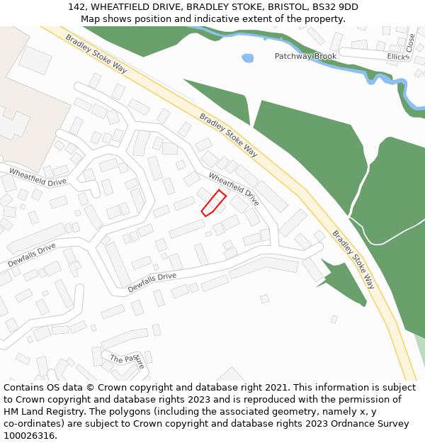 142, WHEATFIELD DRIVE, BRADLEY STOKE, BRISTOL, BS32 9DD: Location map and indicative extent of plot