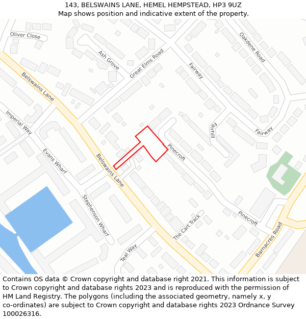 143, BELSWAINS LANE, HEMEL HEMPSTEAD, HP3 9UZ: Location map and indicative extent of plot