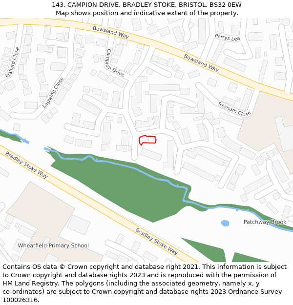 143, CAMPION DRIVE, BRADLEY STOKE, BRISTOL, BS32 0EW: Location map and indicative extent of plot
