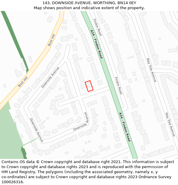 143, DOWNSIDE AVENUE, WORTHING, BN14 0EY: Location map and indicative extent of plot