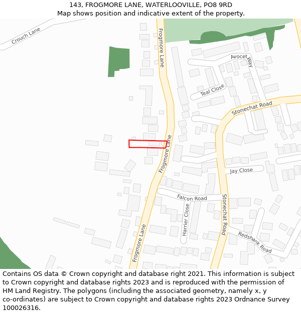 143, FROGMORE LANE, WATERLOOVILLE, PO8 9RD: Location map and indicative extent of plot