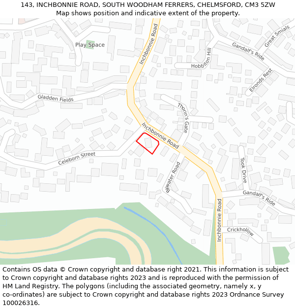 143, INCHBONNIE ROAD, SOUTH WOODHAM FERRERS, CHELMSFORD, CM3 5ZW: Location map and indicative extent of plot