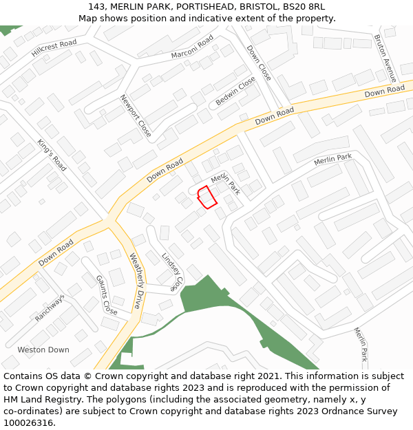 143, MERLIN PARK, PORTISHEAD, BRISTOL, BS20 8RL: Location map and indicative extent of plot