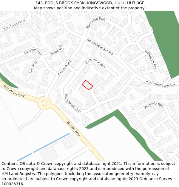 143, POOLS BROOK PARK, KINGSWOOD, HULL, HU7 3GF: Location map and indicative extent of plot