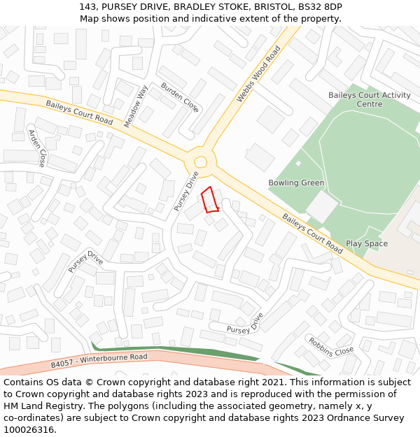 143, PURSEY DRIVE, BRADLEY STOKE, BRISTOL, BS32 8DP: Location map and indicative extent of plot