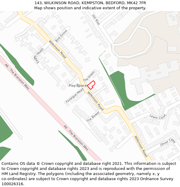 143, WILKINSON ROAD, KEMPSTON, BEDFORD, MK42 7FR: Location map and indicative extent of plot