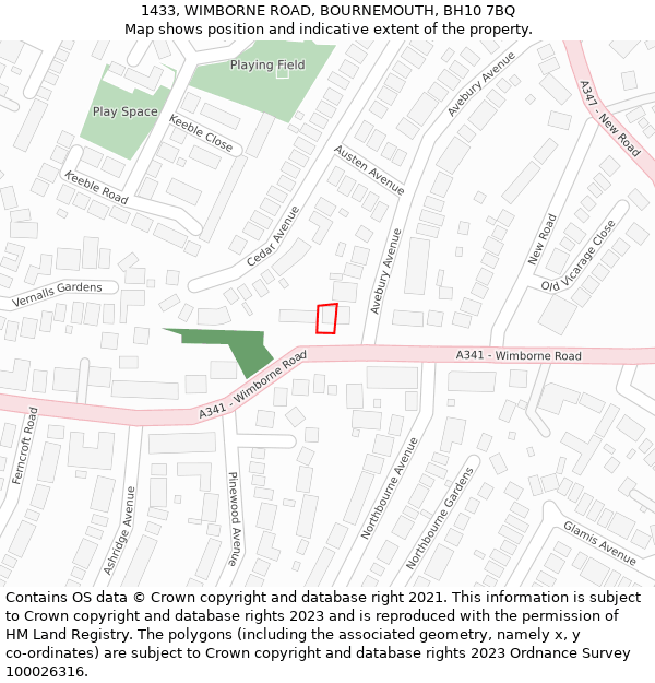 1433, WIMBORNE ROAD, BOURNEMOUTH, BH10 7BQ: Location map and indicative extent of plot