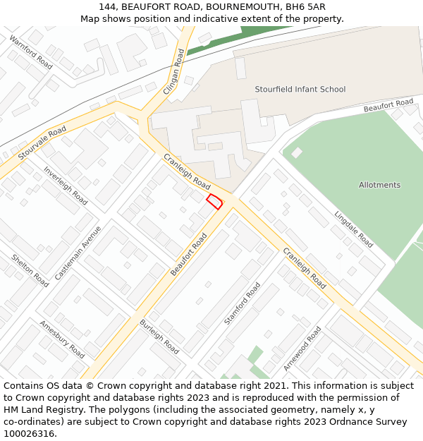 144, BEAUFORT ROAD, BOURNEMOUTH, BH6 5AR: Location map and indicative extent of plot