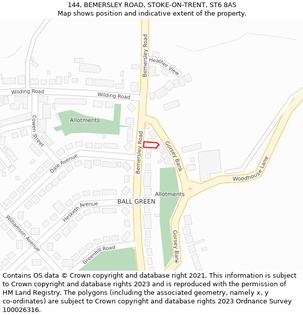 144, BEMERSLEY ROAD, STOKE-ON-TRENT, ST6 8AS: Location map and indicative extent of plot
