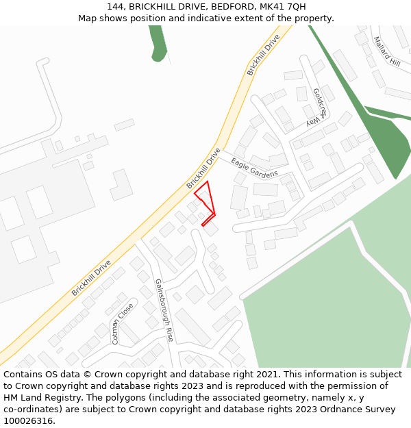 144, BRICKHILL DRIVE, BEDFORD, MK41 7QH: Location map and indicative extent of plot