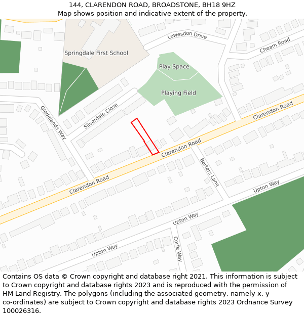 144, CLARENDON ROAD, BROADSTONE, BH18 9HZ: Location map and indicative extent of plot